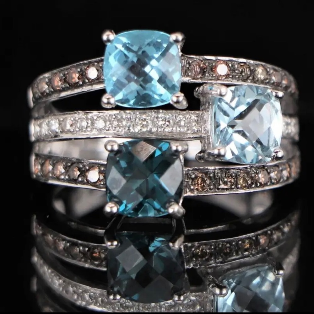 LeVian 14K White Gold - 2 Topaz, 1 Aquamarine, White and Chocolate Diamond Ring